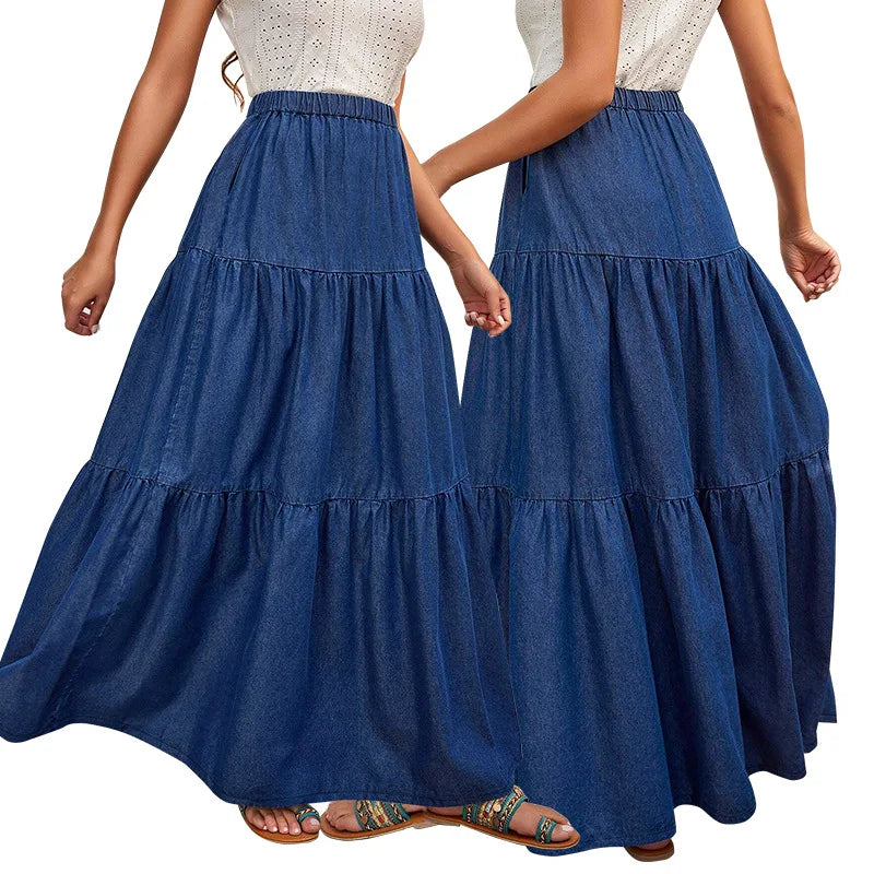 Women's Clothing New Denim Casual Long Skirt Korean Style Elastic Waist A Line Denim Skirt