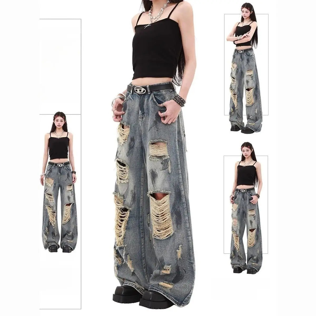 Oversize Blue Ripped Old Hot Girl Y2k American Retro High Waist Fashion Men And Women Hip Hop Straight Loose Wide Legs Jeans