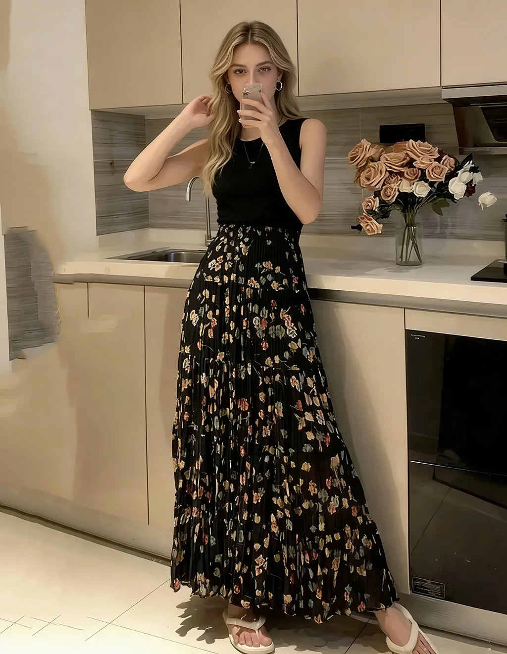 New Fashion Summer Trendy Women's Elegant Ink Dyed Printed A-line Skirt Women's Elastic High Waist Splicing Folded Long Skirt
